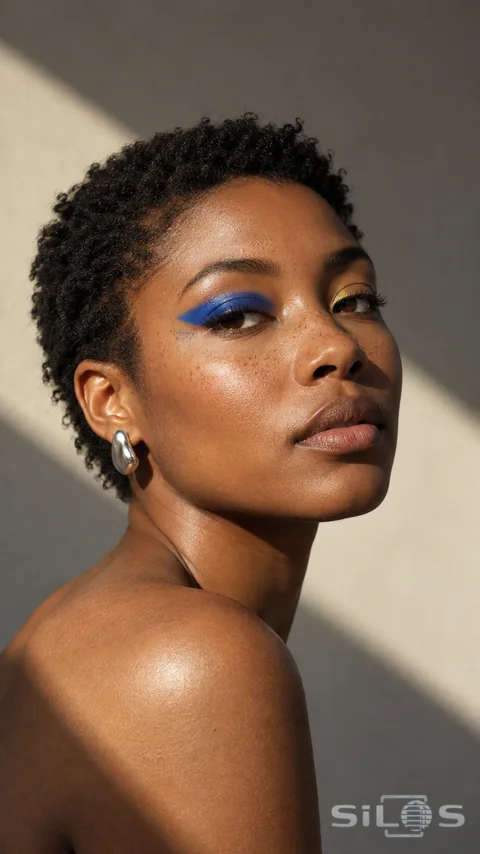 An adult woman with short natural curls wears asymmetric cobalt and pale-gold eye makeup, a sculptural silver earring, and bare shoulders in warm side light. Visible skin texture and a soft stone backdrop keep the close-up grounded.