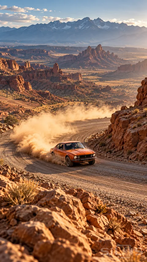 A burnt-orange vintage coupe rounds a gravel bend; lifting a long cloud of copper dust above a red-rock desert. The road drops toward layered mesas and distant mountains in warm low sunlight.