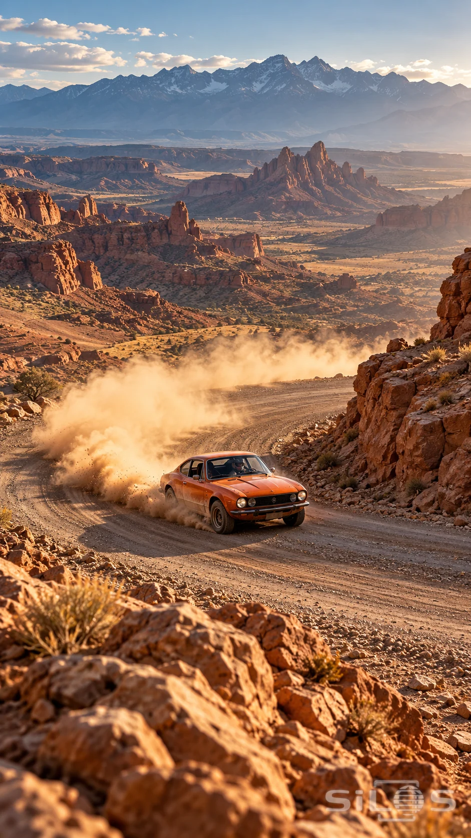A burnt-orange vintage coupe rounds a gravel bend, lifting a long cloud of copper dust above a red-rock desert. The road drops toward layered mesas and distant mountains in warm low sunlight.