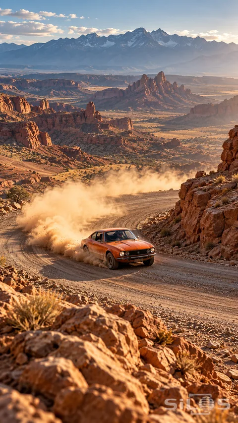 A burnt-orange vintage coupe rounds a gravel bend, lifting a long cloud of copper dust above a red-rock desert. The road drops toward layered mesas and distant mountains in warm low sunlight.