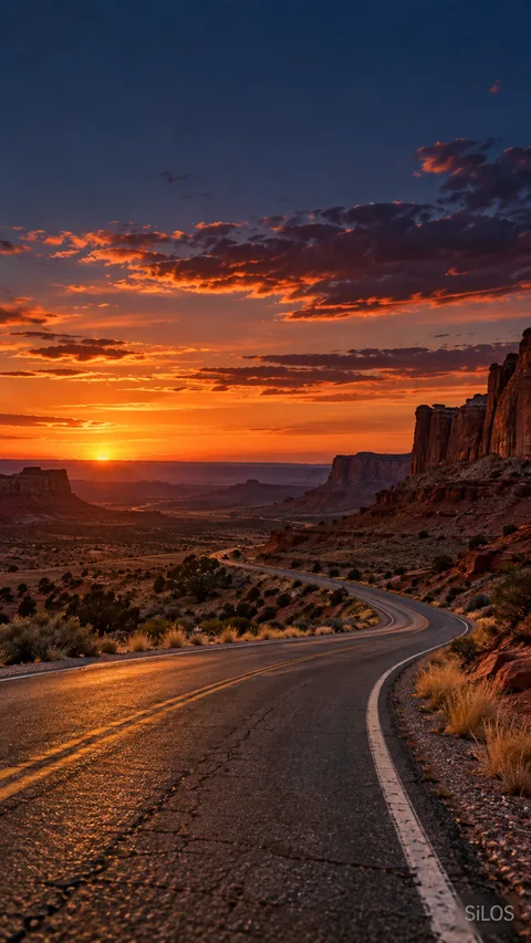 A road curves through red sandstone as copper dusk gives way to an ink-blue desert sky.