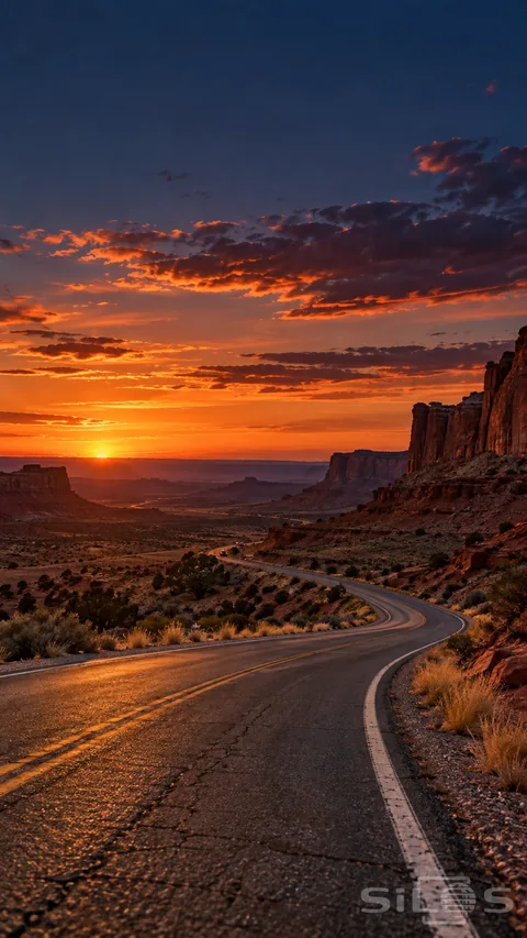 A road curves through red sandstone as copper dusk gives way to an ink-blue desert sky.
