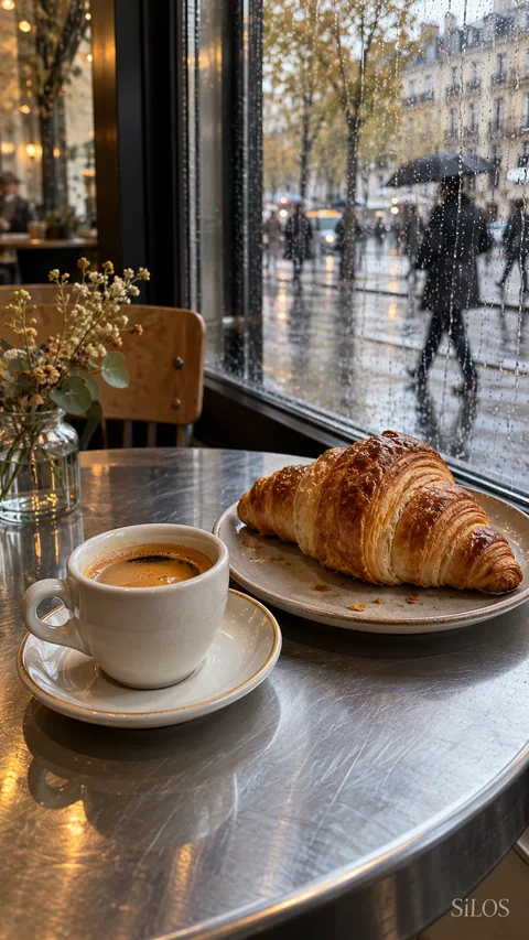 Espresso and a flaky croissant on brushed steel beside a rain-streaked cafe window.