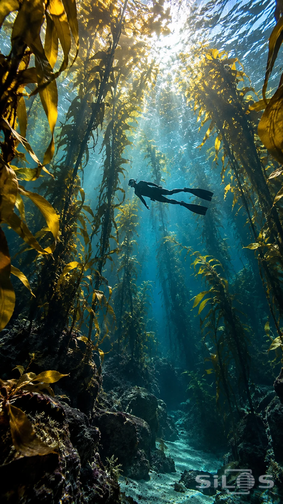 A lone freediver moves through tall ribbons of kelp above a pale rocky seabed. Gold light pours through the canopy into deep teal water, making the diver feel small against the underwater forest.