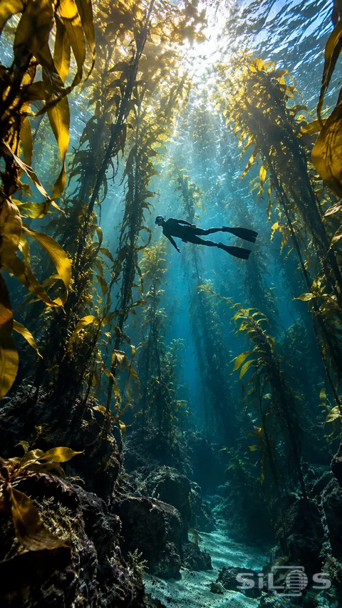 A lone freediver moves through tall ribbons of kelp above a pale rocky seabed. Gold light pours through the canopy into deep teal water, making the diver feel small against the underwater forest.