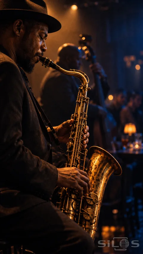 A saxophonist and worn brass catch an amber spotlight against the deep blue shadows of a small jazz club.