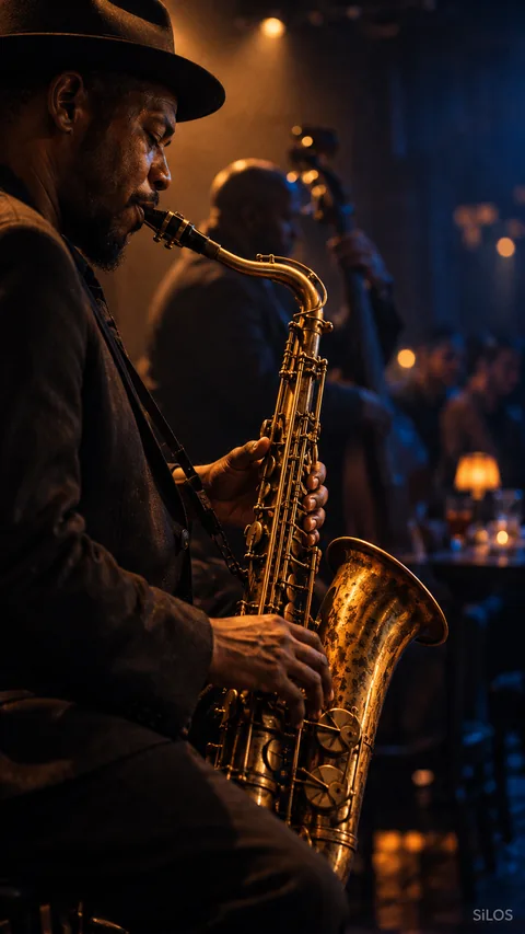A saxophonist and worn brass catch an amber spotlight against the deep blue shadows of a small jazz club.