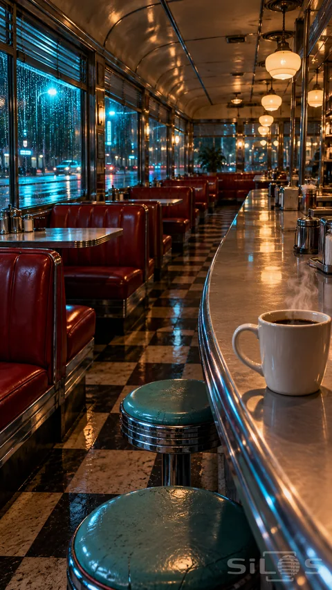 Rain beads on the windows of an empty vintage diner. Red booths; worn turquoise stools; and warm globe lights reflect along a chrome counter; where steam rises from a white cup of coffee.