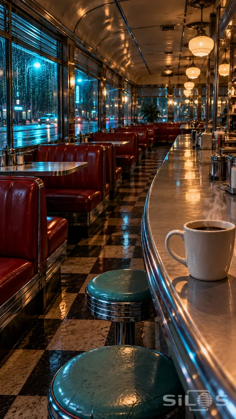 Rain beads on the windows of an empty vintage diner. Red booths, worn turquoise stools, and warm globe lights reflect along a chrome counter, where steam rises from a white cup of coffee.