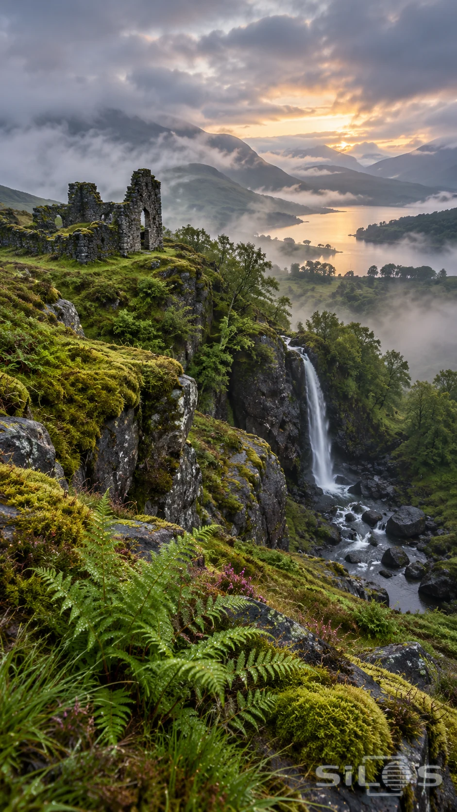 Broken stone towers rise from a moss-covered ridge beside a waterfall and fern-filled ravine. Layers of mist drift across a mountain lake as the first warm light breaks beneath heavy clouds.