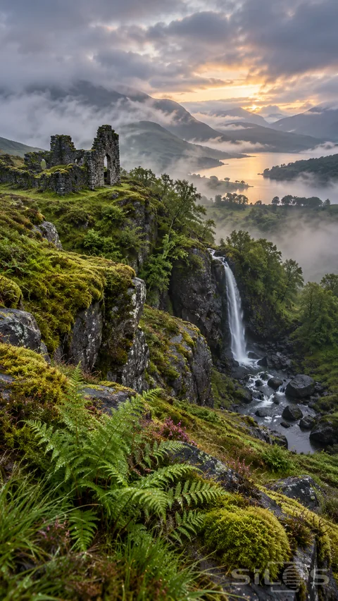 Broken stone towers rise from a moss-covered ridge beside a waterfall and fern-filled ravine. Layers of mist drift across a mountain lake as the first warm light breaks beneath heavy clouds.