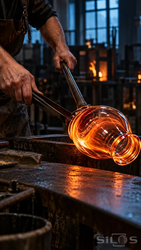 A glassmaker shapes a glowing amber vessel with a blowpipe and hand tools at a scarred workbench. Cool light from a tall workshop window contrasts with furnace fire and reflections in the hot glass.