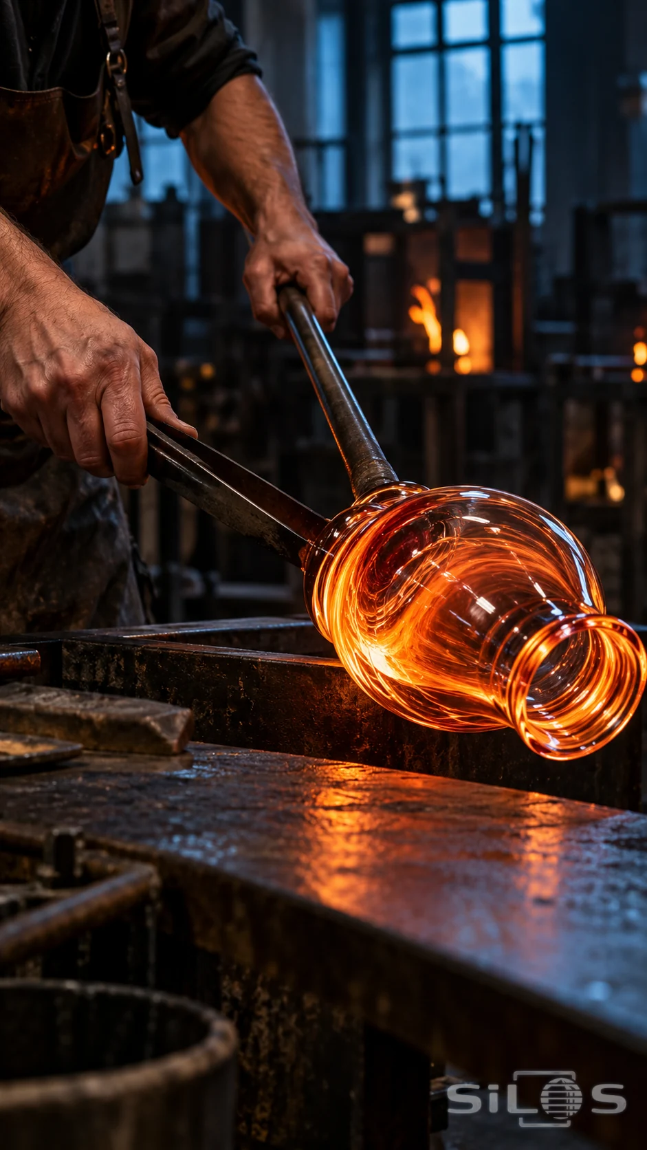 A glassmaker shapes a glowing amber vessel with a blowpipe and hand tools at a scarred workbench. Cool light from a tall workshop window contrasts with furnace fire and reflections in the hot glass.
