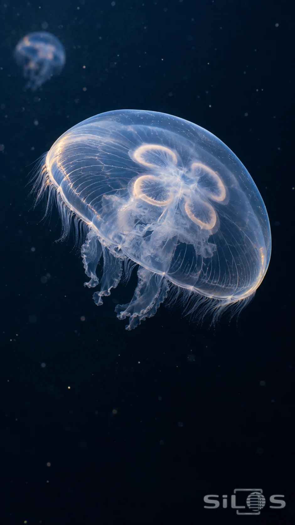 A moon jellyfish drifts through dark blue water, its delicate bell and four pale inner rings illuminated from the side. A smaller jellyfish recedes into the soft background above.