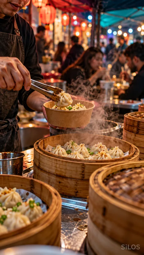 Steam rises from bamboo baskets of dumplings under the mixed color of a lively night market.