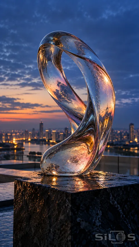 Iridescent Glass Sculpture at Blue Hour
