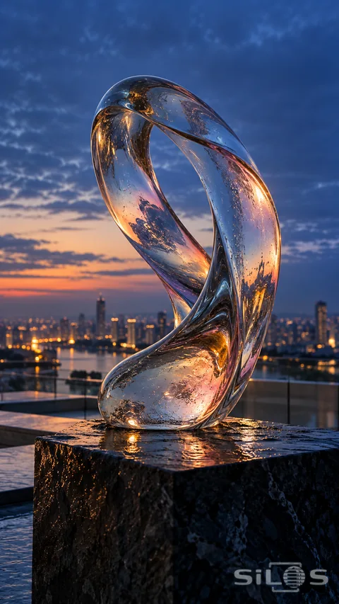 A twisted clear-glass sculpture catches amber sunset and cobalt city light on a rain-darkened stone plinth. Tiny bubbles, wet reflections, and the curved silhouette give this rooftop still life its quiet detail.