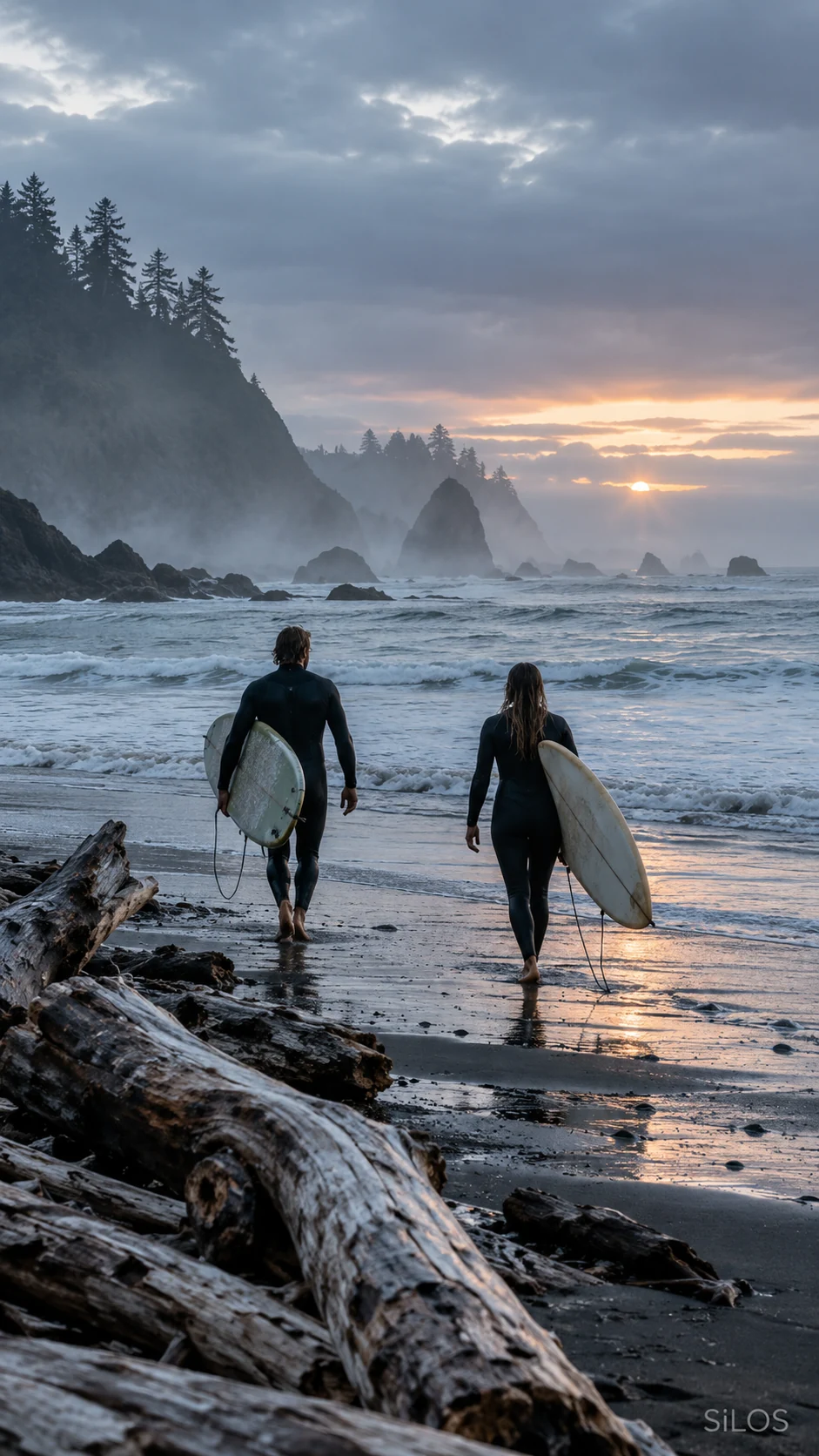 Two surfers walk through driftwood toward Pacific waves beneath a pale, misty dawn.