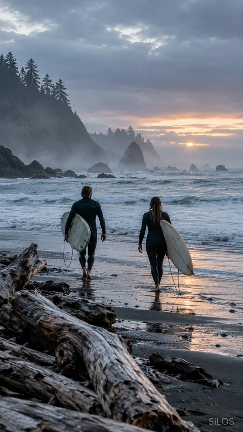 Two surfers walk through driftwood toward Pacific waves beneath a pale, misty dawn.