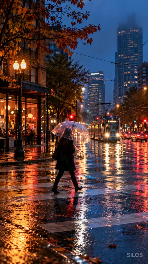 Rain catches cobalt and amber city light as a lone umbrella crosses a wet intersection at blue hour.