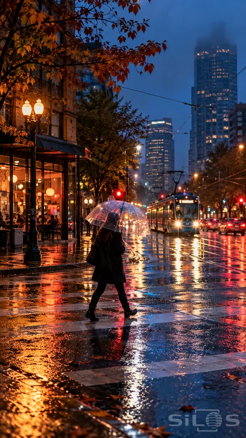 Rain catches cobalt and amber city light as a lone umbrella crosses a wet intersection at blue hour.