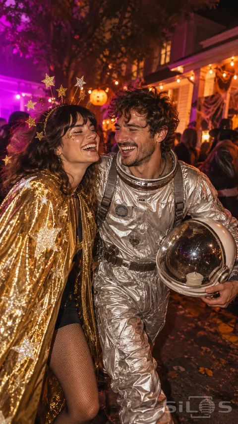 Silver space gear and a gold star cape bring playful flash-lit color to a night-time costume party.