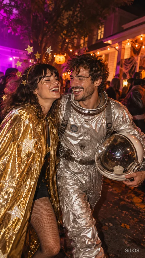 Silver space gear and a gold star cape bring playful flash-lit color to a night-time costume party.