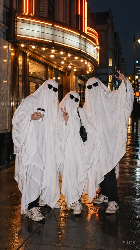 Sunglasses, sneakers, and handmade ghost costumes bring a playful flash-lit moment to a city cinema.