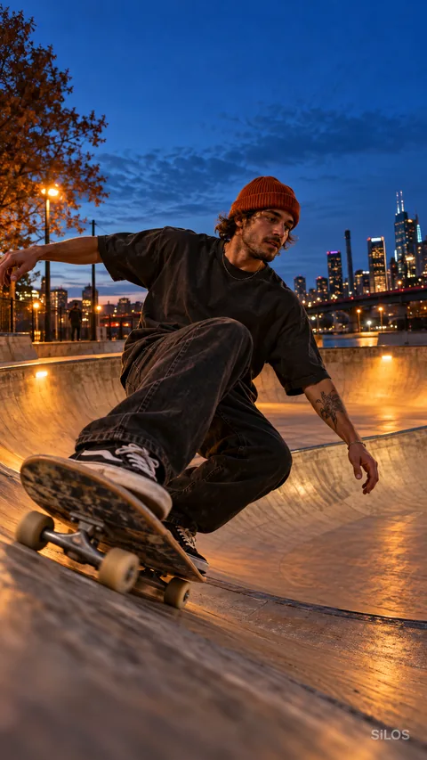 A skater rolls through a concrete bowl as the last blue daylight meets warm city lamps.