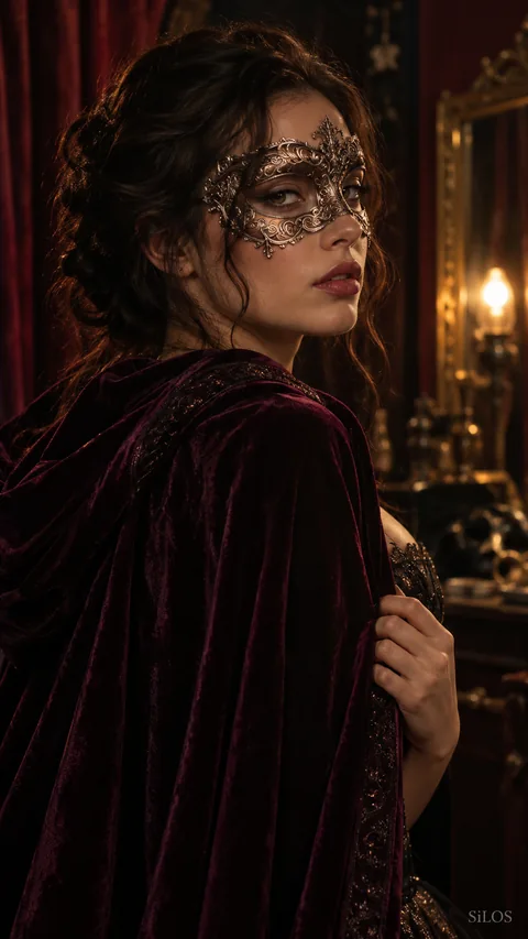 Plum velvet and an ornate metallic mask catch warm backstage light in a quiet masquerade portrait.